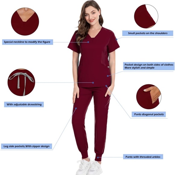 NWOT niaahinn Scrub Set Modern V-neck & Drawstring Jogger Pants w/Ribbed Cuff, S - Picture 12 of 13